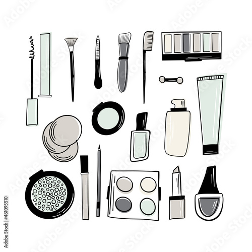The set of hand drawn beauty and wellness items.