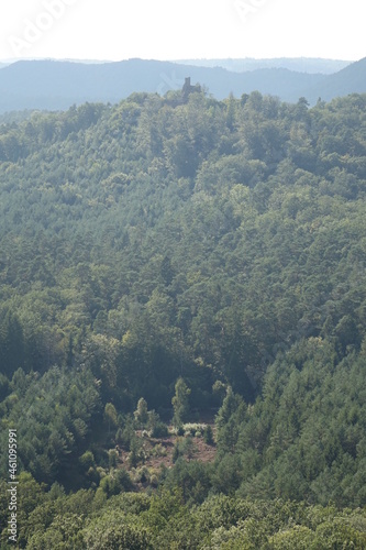 Scenic view over Palatinate Forest and the Vosges from majestic outlook point Bayerischer Windstein at the German French border, Obersteinbach, France
 photo