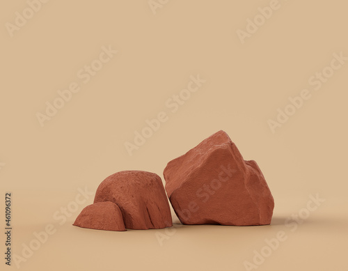 Brown color rocks in a flat color background, for product displays with copy space, 3d Rendering photo