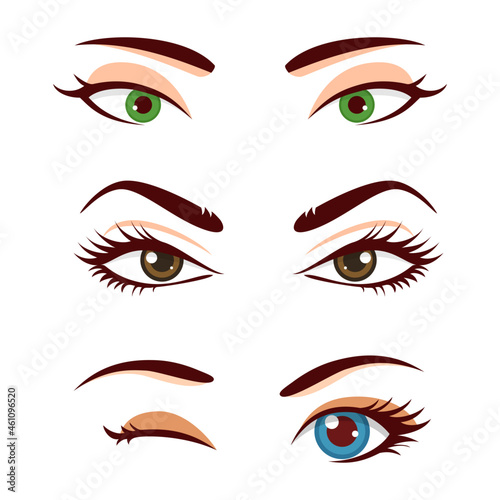 Cute beautiful different female eyes set with different emotion and expression cheerful cry angry