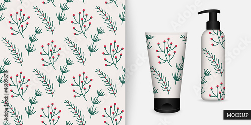 Seamless pattern with branches. Beautiful christmas background. Vector illustration. Ornament with pine and spruce branches. Modern repeating texture. Design textile, paper, wallpaper, fabric. Mockup.