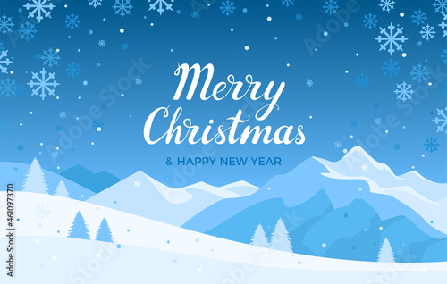 Merry Christmas and Happy New Year banner. Festive blue background with winter landscape, mountains, snowflakes and fir trees. Vector greeting card, poster. Cartoon flat illustration.