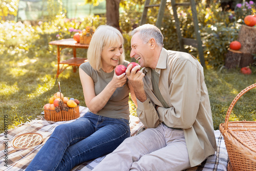 Positive senior couple sitting on field grass and enjoy eating apple, chatting and laughing, resting outdoors in garden