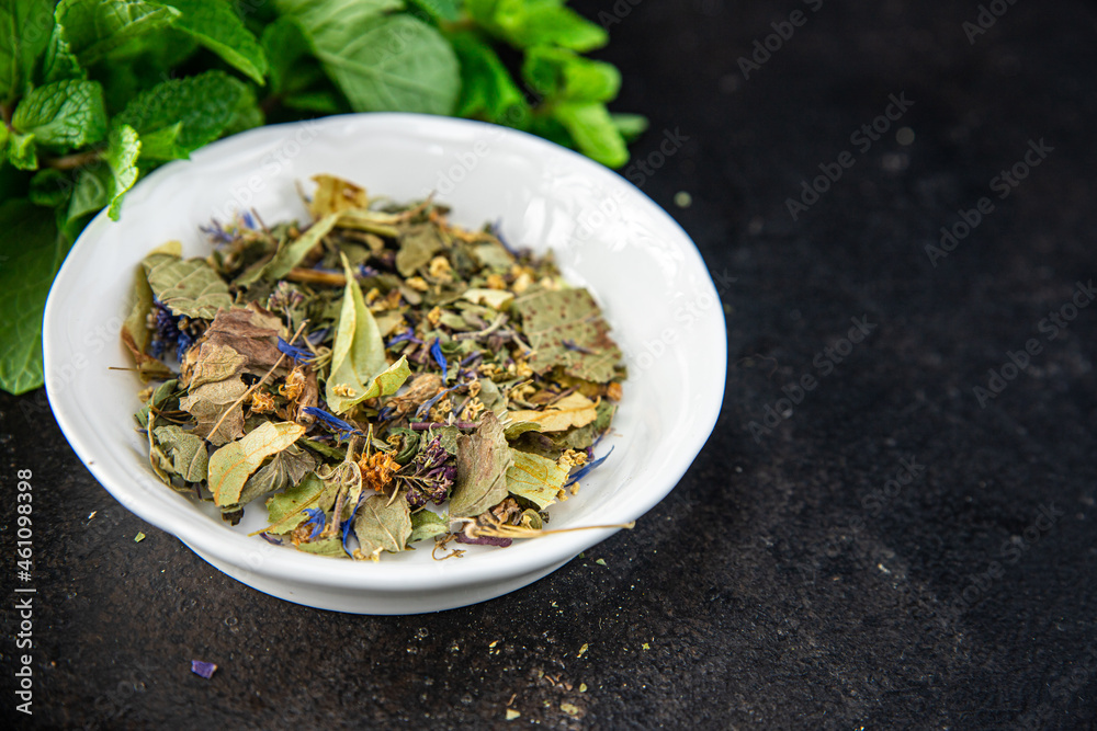 herbal tea medicinal herbs, leaves, flowers linden, chamomile, cornflower, mint, lemon balm, currant, raspberry leaves fresh meal on the table copy space food background rustic herbal tea medicinal herbs, leaves, flowers linden, chamomile, cornflower, mint, lemon balm, currant, raspberry leaves fresh meal on the table copy space food background rustic