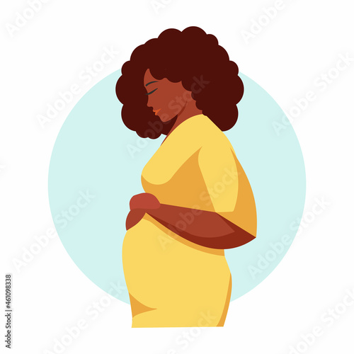 Happy pregnant black woman holds her belly. Side view silhouette of a pregnant woman. Pregnancy motherhood concept. Vector stock