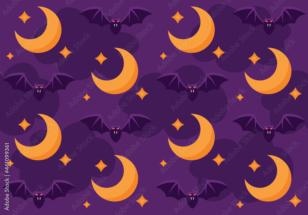 Fototapeta premium background for halloween with moon and bat. All Saints' Day. purple seamless pattern for gift paper and decorations.