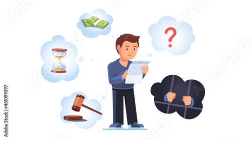 Sad broken man stand with legal paper in hands