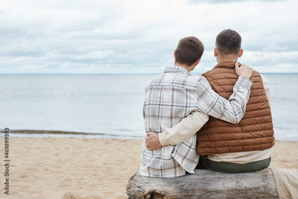Fototapeta premium Back view portrait of young gay couple embracing on beach while enjoying sea view, copy space