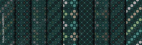 Set of checkered seamless patterns with thin lines, floral elements, geometric shapes. Diagonal composition. Can be used for textile design, pattern fills, surface textures. Dark green colors. Vector