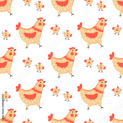Seamless vector pattern with hens and chickens on a white background