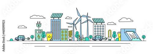 City View Energy Eco Concept Contour Linear Style. Vector illustration of Lineart Cityscape Exterior Building and Solar Panel