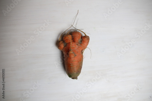 Unusual carrot, looking like hand and feet, ugly food on white background