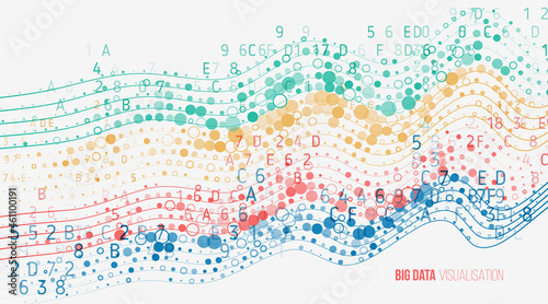 Information analytics concept. Abstract stream information with ball array and binary code. Filtering machine algorithms. Sorting data. Vector technology background. Big data visualization.