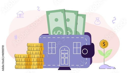 Mortgage Saving to buy home vector illustration concept Planning save cash to buy real estate Property investment House loan Money investment Approved mortgage profile House rental Household expenses