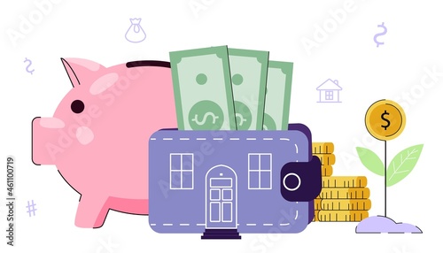 Mortgage Saving to buy home vector illustration concept Planning save cash to buy real estate Property investment House loan Money investment Approved mortgage Piggy bank for rental Household expenses