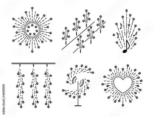 Set of fireworks icons. Various types of fireworks with stars, sparkles. Burst, firefall, heart shaped, music firework, fountain, catherine wheel, pinwheel, spinner firework. Linear vector icons.