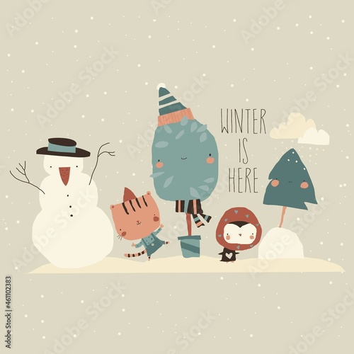 Happy Cartoon Animals meeting Winter Holidays. Vector illustration