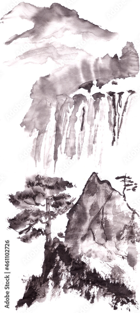 Obraz premium Mountain landscape with waterfall and pine trees in chinese style ink drawing
