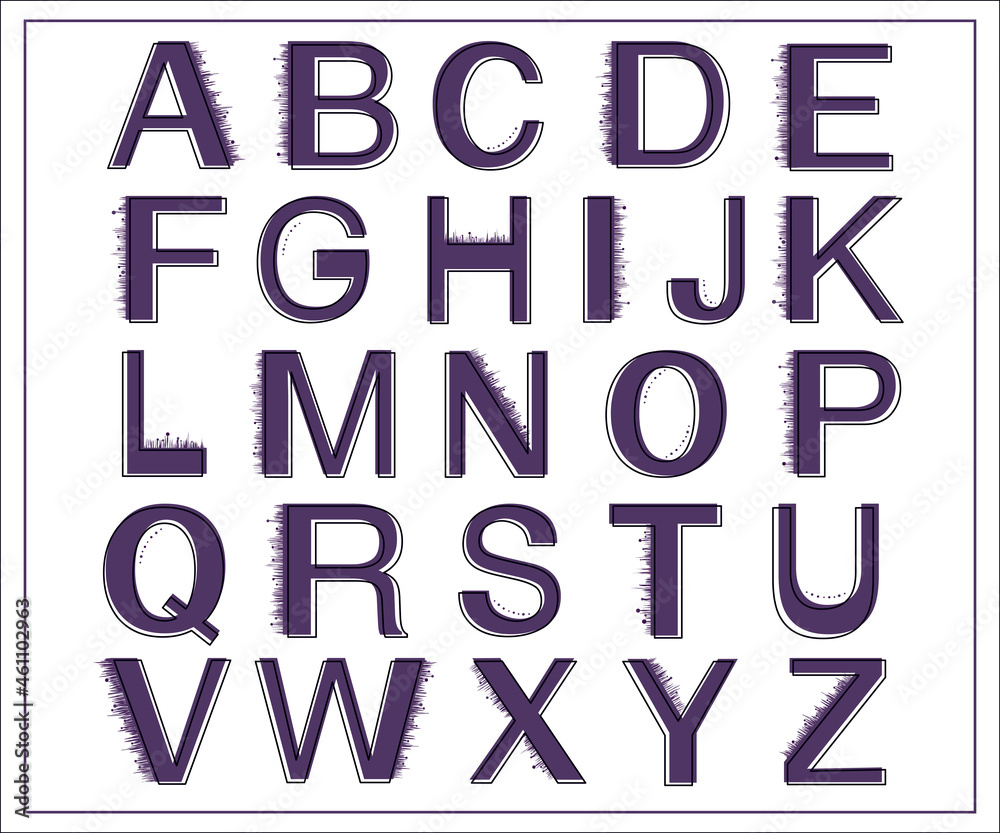 hand drawn alphabet set, illustration of a alphabet, vector,  purple letters for decoration