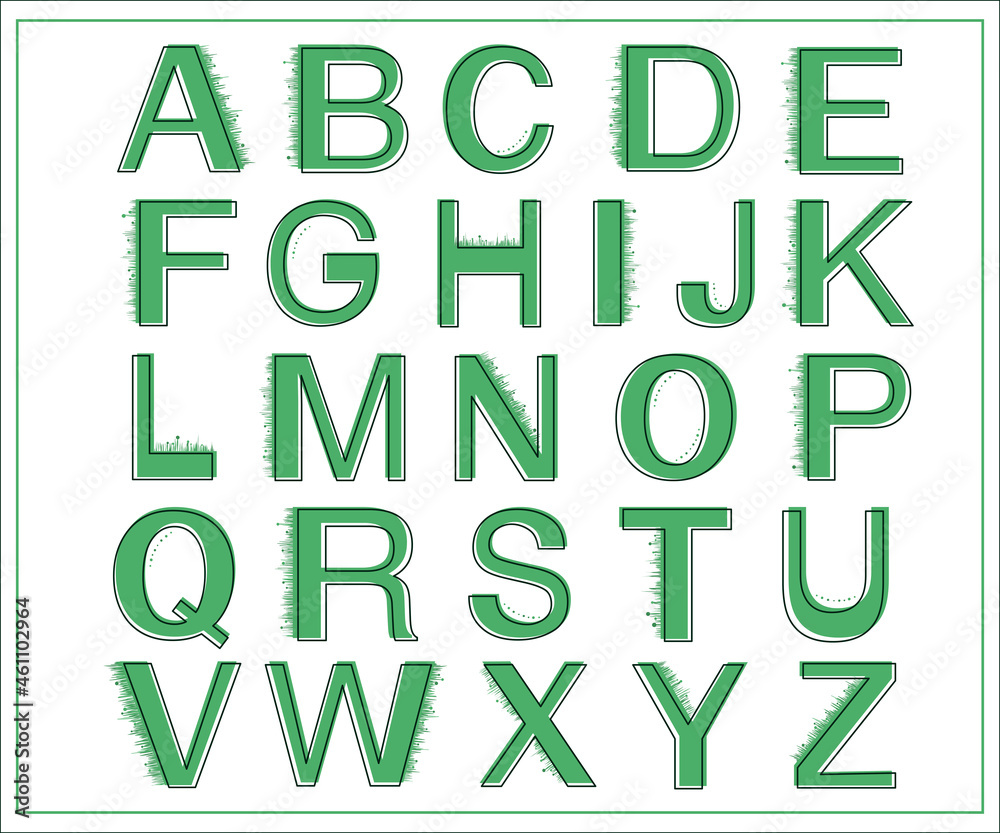green alphabet letters, illustration of a alphabet, vector, alphabet with grass, green letters concept