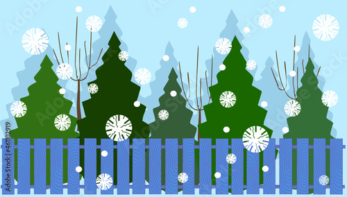 Winter landscape with deciduous and coniferous trees behind the fence in a cartoon style. Vector illustration for the design of New Year cards, banners, wallpaper