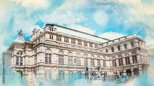 Canvas Print Watercolor pattern of Vienna Austria colorful illustration card Vienna Opera