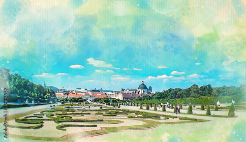 Photography Watercolor pattern of Vienna Austria colorful illustration card Belvedere palace
