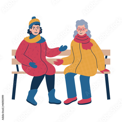 Friendly conversation between two people during the winter time. Isolated vector illustration.
