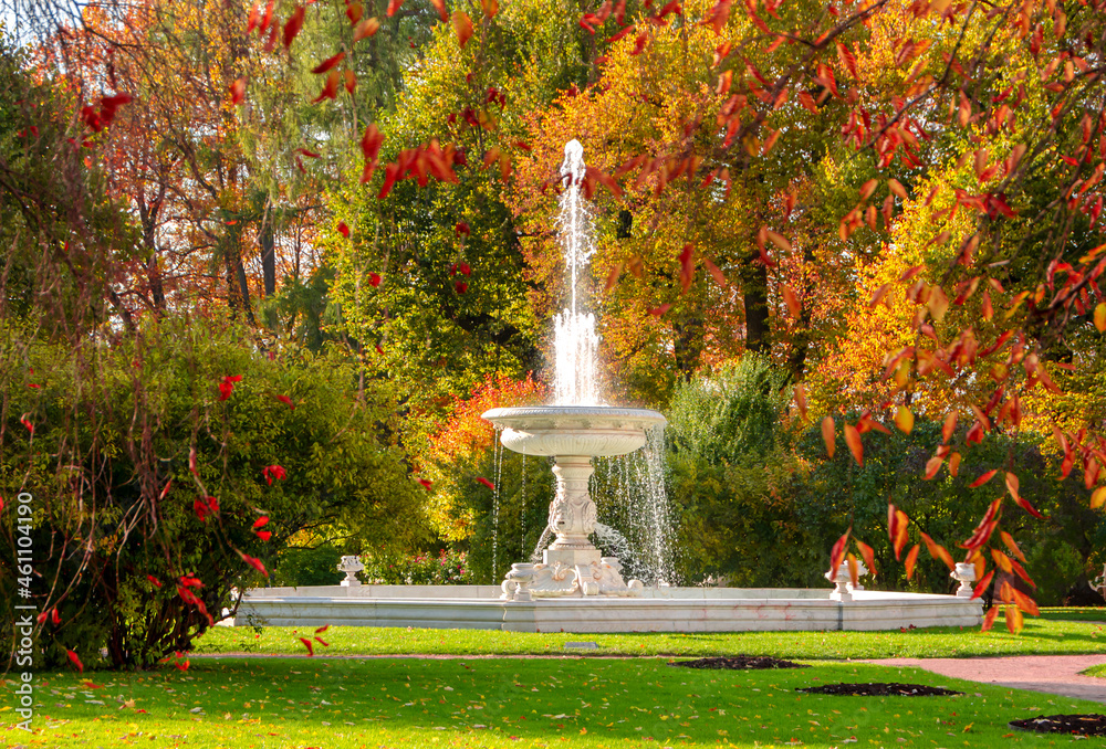 Saint Petersburg, Russia - october 2021: Vase fountain in autumn foliage in garden of Catherine palace, Tsarskoe Selo (Pushkin) - obrazy, fototapety, plakaty 
