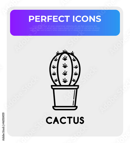 Cactus with prickles in pot thin line icon. Modern vector illustration of home plant.