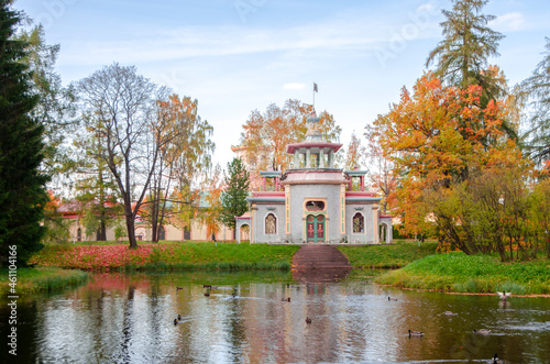 Saint PETERSBURG, Russia - October 2021: Chinese houses in the autumn Catherine Park, Tsarskoye Selo (Pushkin)