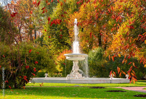 Konstfotografi Saint Petersburg, Russia - october 2021: Vase fountain in autumn foliage in gard