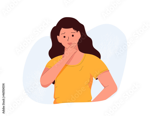 Frustration, doubt, having no idea concept. Young confused woman cartoon character standing and expressing frustration with difficult situation trying to find solution in head vector illustration