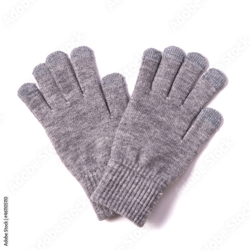 top view gray woolen gloves isolated white background