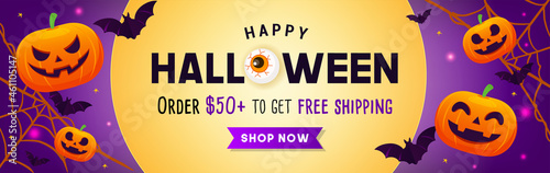 Happy Halloween sale banner template design vector illustration. Voucher coupon promotion.
