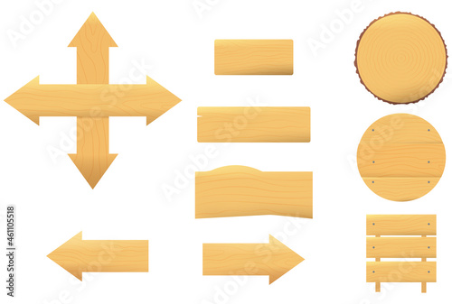 Set of cartoon wooden boards. Plank vector background different shapes, vector gui elements isolated on white. Circle, rectangle, arrow.