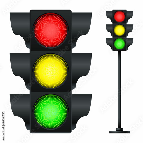 Realistic modern led traffic lights with different sequence of switching. Showing red, yellow and green lights - Go, wait, stop. Mockup template for your design. Vector illustration