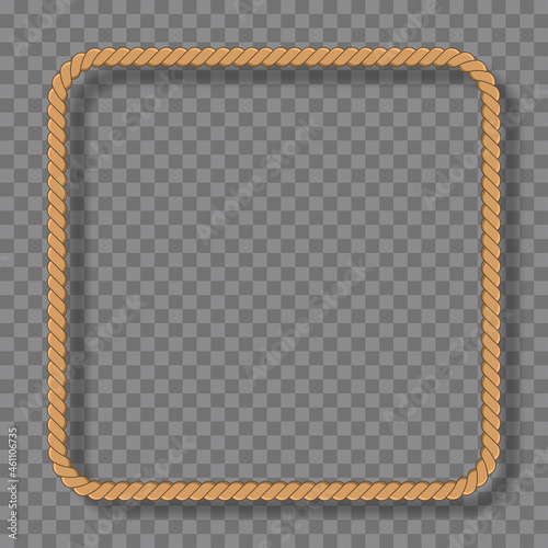 Square rope frame in marine style isolated on transparent background. Yellow nautical twisted rope woven circle border with shadow. Template design for invitation, frame photo, text. Vector