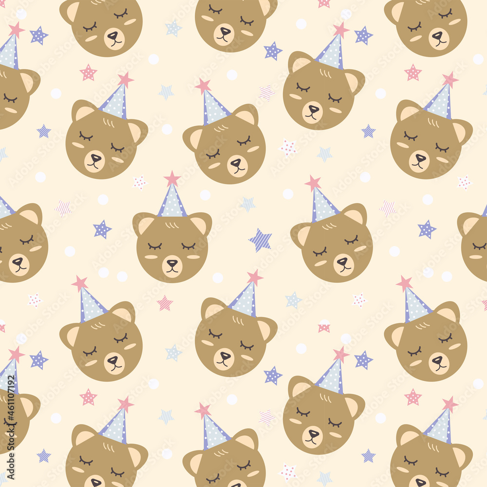 Cute bear with party hat and star seamless pattern 