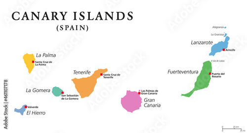 Canary Islands, political map. The Canaries. La Palma, La Gomera, El Hierro, Tenerife, Gran Canaria, Fuerteventura and Lanzarote. Autonomous community of Spain, and archipelago in the Atlantic Ocean. photo
