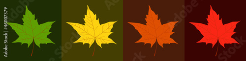 Autumnal season trendy color palette. Yellow, orange, red, brown and green maple leaves background. Autumn leaf color. Fall. Foliage. Design ideas for color combinations. Gradient. Vector illustration