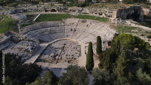 Stunning roman amphitheater aerial footage of the big greek theatre in Neapolis Siracusa Italy