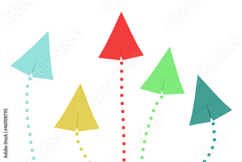 Paper airplanes in different colors on a white background, standing out, sky rocket