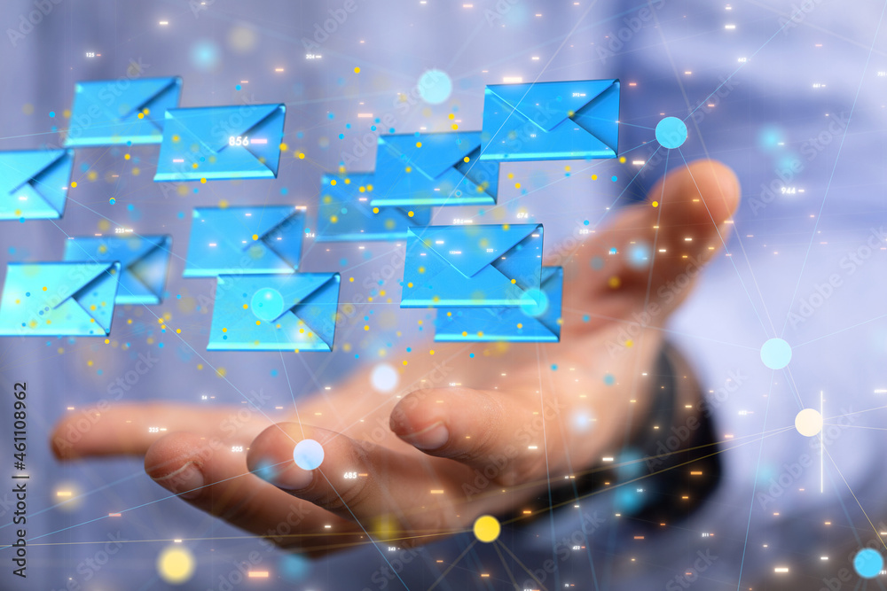 Hand holding using mobile phone with email icon on screen. Concept of business communication Hand holding using mobile phone with email icon on screen. Concept of business communication