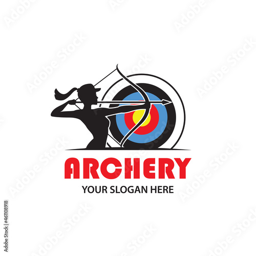 emblem of archering girl with bow and arrow isolated on white background