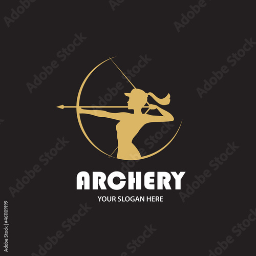 emblem of archering girl with bow and arrow isolated on black background