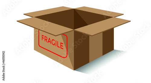 Cardboard box vector, cardboard box icon for fragile products, open empty brown box illustration isolated on white background - 3D