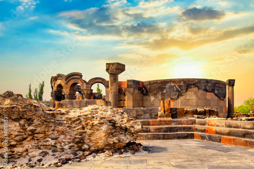 Famous landmark in Armenia. The ruins of the ancient medieval temple of Zvartnots, Armenia during amazing sunset