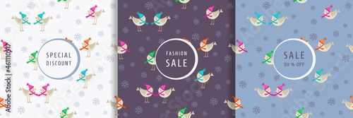 Stylish set of seamless patterns for children. Background with cute cartoon birds in funny colorful hats, snowflakes on a white and blue background. Modern redesign of brown paper, fabric, invitation
