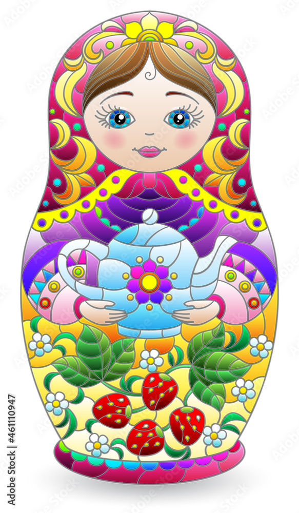Stained glass illustration with a bright Russian doll, toy isolated on a white background Stained glass illustration with a bright Russian doll, toy isolated on a white background